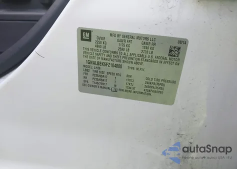 2015 Chevrolet Equinox 1Lt z USA, uszkodzony, nr VIN 1GNALBEK6FZ104800